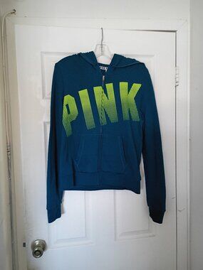 PINK Victoria's Secret Blue Hoodie size L with Neon lettering